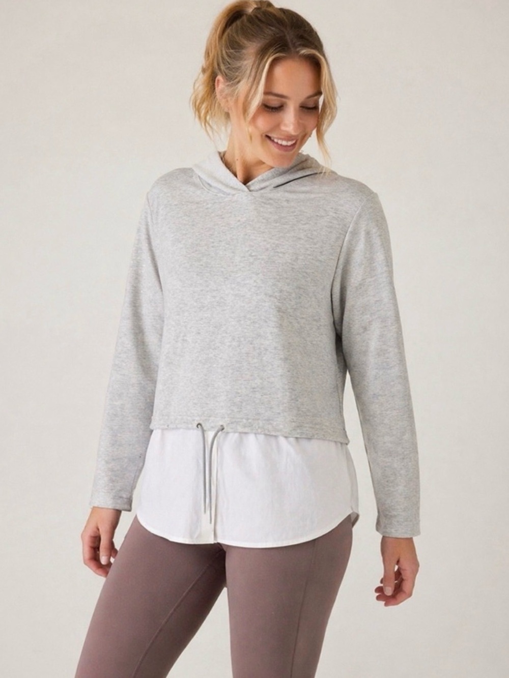 Athleta Gallery Hoodie Gray White Layered Hem Pullover Drawstring Size L